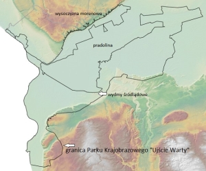 Mapa hipsometryczna ukazująca ukształtowanie terenu Parku Krajobrazowego Ujście Warty